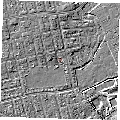 Shaded relief map of the ground around E62SH, computed from Environment Agency LiDAR. The ground here sits at about 3 m above sea level and falls 8 m across the surrounding 800 m. Surface water reaching this point runs off ground lying to the west-north-west, 4.2 m higher.