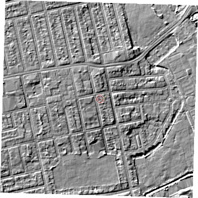 Shaded relief map of the ground around E62SJ, computed from Environment Agency LiDAR. The ground here sits at about 5 m above sea level and falls 6 m across the surrounding 800 m. Surface water reaching this point runs off ground lying to the west-north-west, 1.2 m higher.