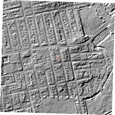 Shaded relief map of the ground around E62SL, computed from Environment Agency LiDAR. The ground here sits at about 6 m above sea level and falls 7 m across the surrounding 800 m. Surface water reaching this point runs off ground lying to the south-west, 0.9 m higher.