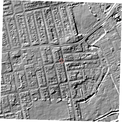 Shaded relief map of the ground around E62SP, computed from Environment Agency LiDAR. The ground here sits at about 5 m above sea level and falls 6 m across the surrounding 800 m. Surface water reaching this point runs off ground lying to the west, 2.0 m higher.