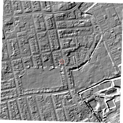 Shaded relief map of the ground around E62SR, computed from Environment Agency LiDAR. The ground here sits at about 3 m above sea level and falls 8 m across the surrounding 800 m. Surface water reaching this point runs off ground lying to the west-north-west, 4.2 m higher.