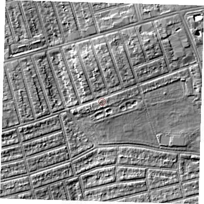 Shaded relief map of the ground around E63AD, computed from Environment Agency LiDAR. The ground here sits at about 7 m above sea level and falls 6 m across the surrounding 800 m. Surface water reaching this point runs off ground lying to the north, 2.6 m higher.