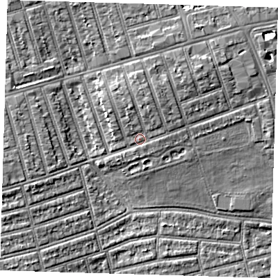 Shaded relief map of the ground around E63AE, computed from Environment Agency LiDAR. The ground here sits at about 7 m above sea level and falls 6 m across the surrounding 800 m. Surface water reaching this point runs off ground lying to the north, 2.4 m higher.