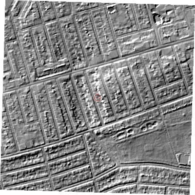 Shaded relief map of the ground around E63AP, computed from Environment Agency LiDAR. The ground here sits at about 6 m above sea level and falls 5 m across the surrounding 800 m. Surface water reaching this point runs off ground lying to the east-north-east, 3.5 m higher.