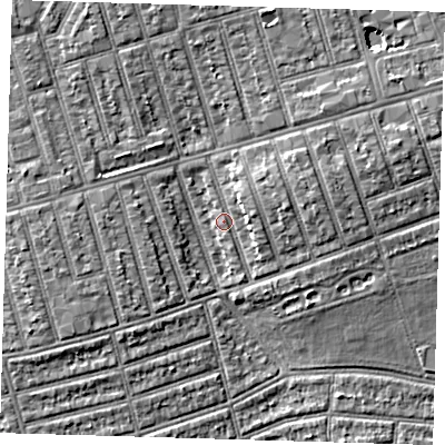 Shaded relief map of the ground around E63AR, computed from Environment Agency LiDAR. The ground here sits at about 6 m above sea level and falls 5 m across the surrounding 800 m. Surface water reaching this point runs off ground lying to the east-north-east, 3.5 m higher.