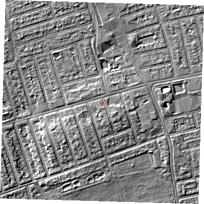 Shaded relief map of the ground around E63BA, computed from Environment Agency LiDAR. The ground here sits at about 8 m above sea level and falls 5 m across the surrounding 800 m. Surface water reaching this point runs off ground lying to the south-east, 1.1 m higher.