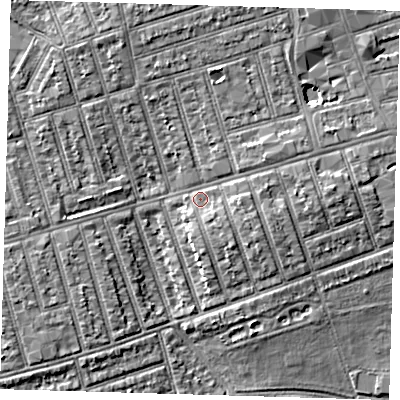 Shaded relief map of the ground around E63BB, computed from Environment Agency LiDAR. The ground here sits at about 7 m above sea level and falls 5 m across the surrounding 800 m. Surface water reaching this point runs off ground lying to the east, 2.6 m higher.