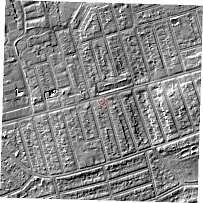 Shaded relief map of the ground around E63BD, computed from Environment Agency LiDAR. The ground here sits at about 7 m above sea level and falls 5 m across the surrounding 800 m. Surface water reaching this point runs off ground lying to the south-west, 1.6 m higher.