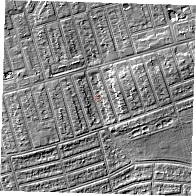 Shaded relief map of the ground around E63BE, computed from Environment Agency LiDAR. The ground here sits at about 5 m above sea level and falls 5 m across the surrounding 800 m. Surface water reaching this point runs off ground lying to the north-north-west, 4.2 m higher.