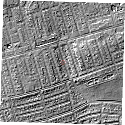 Shaded relief map of the ground around E63BG, computed from Environment Agency LiDAR. The ground here sits at about 5 m above sea level and falls 5 m across the surrounding 800 m. Surface water reaching this point runs off ground lying to the north-north-west, 4.1 m higher.