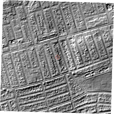 Shaded relief map of the ground around E63BQ, computed from Environment Agency LiDAR. The ground here sits at about 6 m above sea level and falls 5 m across the surrounding 800 m. Surface water reaching this point runs off ground lying to the north-west, 1.4 m higher.