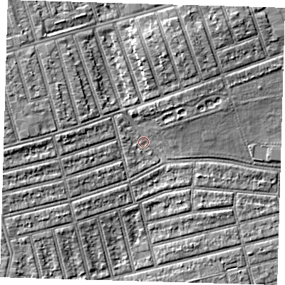 Shaded relief map of the ground around E63DH, computed from Environment Agency LiDAR. The ground here sits at about 5 m above sea level and falls 6 m across the surrounding 800 m. Surface water reaching this point runs off ground lying to the north-north-east, 4.8 m higher.