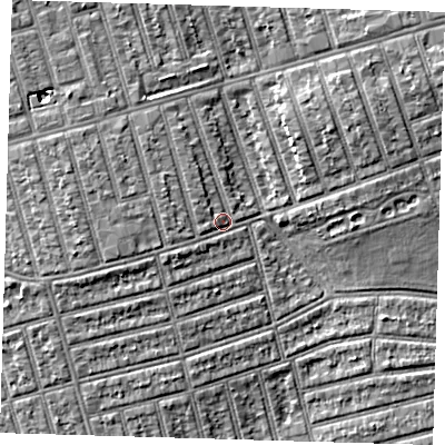 Shaded relief map of the ground around E63DJ, computed from Environment Agency LiDAR. The ground here sits at about 6 m above sea level and falls 6 m across the surrounding 800 m. Surface water reaching this point runs off ground lying to the west-north-west, 2.7 m higher.