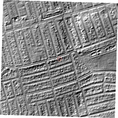 Shaded relief map of the ground around E63DL, computed from Environment Agency LiDAR. The ground here sits at about 7 m above sea level and falls 6 m across the surrounding 800 m. Surface water reaching this point runs off ground lying to the north-west, 1.9 m higher.
