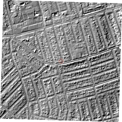 Shaded relief map of the ground around E63DW, computed from Environment Agency LiDAR. The ground here sits at about 7 m above sea level and falls 5 m across the surrounding 800 m. Surface water reaching this point runs off ground lying to the north, 1.5 m higher.