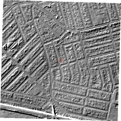 Shaded relief map of the ground around E63EG, computed from Environment Agency LiDAR. The ground here sits at about 5 m above sea level and falls 6 m across the surrounding 800 m. Surface water reaching this point runs off ground lying to the north-north-west, 1.3 m higher.