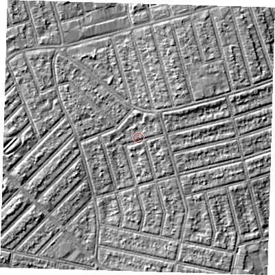 Shaded relief map of the ground around E63EP, computed from Environment Agency LiDAR. The ground here sits at about 6 m above sea level and falls 5 m across the surrounding 800 m. Surface water reaching this point runs off ground lying to the north-east, 1.3 m higher.