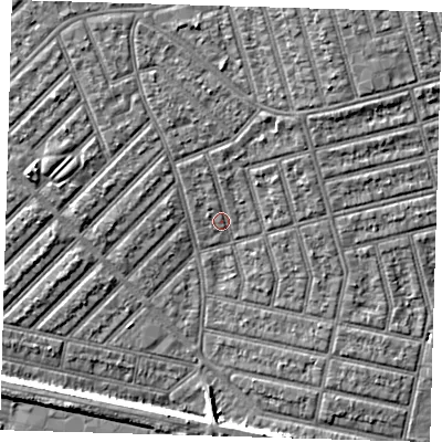 Shaded relief map of the ground around E63EQ, computed from Environment Agency LiDAR. The ground here sits at about 5 m above sea level and falls 6 m across the surrounding 800 m. Surface water reaching this point runs off ground lying to the north, 1.5 m higher.