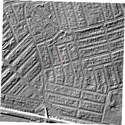 Shaded relief map of the ground around E63ER, computed from Environment Agency LiDAR. The ground here sits at about 5 m above sea level and falls 6 m across the surrounding 800 m. Surface water reaching this point runs off ground lying to the north-north-east, 2.1 m higher.