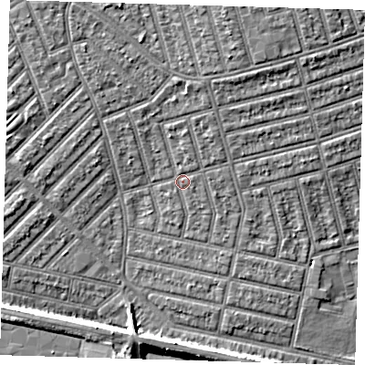 Shaded relief map of the ground around E63ES, computed from Environment Agency LiDAR. The ground here sits at about 5 m above sea level and falls 6 m across the surrounding 800 m. Surface water reaching this point runs off ground lying to the north-north-east, 2.1 m higher.