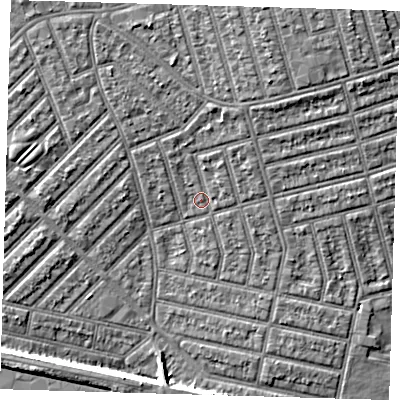 Shaded relief map of the ground around E63ET, computed from Environment Agency LiDAR. The ground here sits at about 5 m above sea level and falls 6 m across the surrounding 800 m. Surface water reaching this point runs off ground lying to the north-north-east, 2.0 m higher.