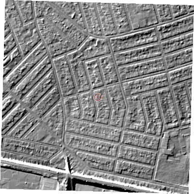 Shaded relief map of the ground around E63EU, computed from Environment Agency LiDAR. The ground here sits at about 5 m above sea level and falls 8 m across the surrounding 800 m. Surface water reaching this point runs off ground lying to the north-north-east, 0.5 m higher.