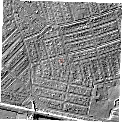 Shaded relief map of the ground around E63EX, computed from Environment Agency LiDAR. The ground here sits at about 6 m above sea level and falls 7 m across the surrounding 800 m. Surface water reaching this point runs off ground lying to the north, 1.3 m higher.
