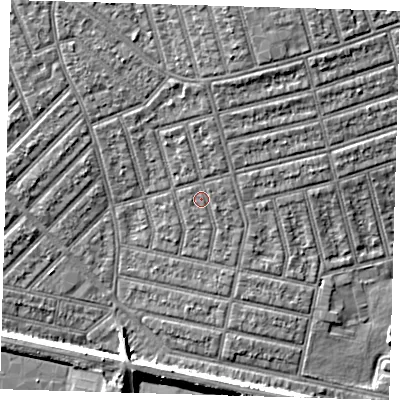 Shaded relief map of the ground around E63EY, computed from Environment Agency LiDAR. The ground here sits at about 5 m above sea level and falls 7 m across the surrounding 800 m. Surface water reaching this point runs off ground lying to the north, 1.3 m higher.