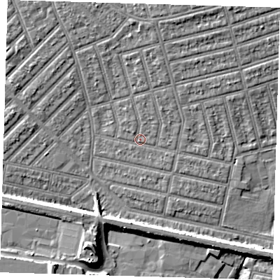 Shaded relief map of the ground around E63EZ, computed from Environment Agency LiDAR. The ground here sits at about 5 m above sea level and falls 11 m across the surrounding 800 m. Surface water reaching this point runs off ground lying to the north-north-east, 2.0 m higher.