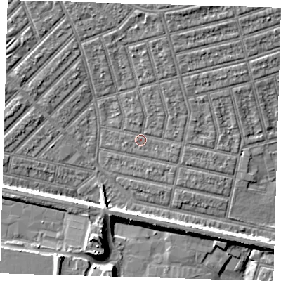 Shaded relief map of the ground around E63HA, computed from Environment Agency LiDAR. The ground here sits at about 5 m above sea level and falls 11 m across the surrounding 800 m. Surface water reaching this point runs off ground lying to the north-north-east, 2.0 m higher.