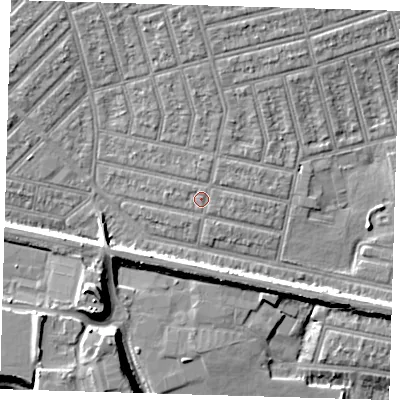Shaded relief map of the ground around E63HB, computed from Environment Agency LiDAR. The ground here sits at about 5 m above sea level and falls 12 m across the surrounding 800 m. Surface water reaching this point runs off ground lying to the north-east, 0.7 m higher.