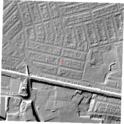 Shaded relief map of the ground around E63HD, computed from Environment Agency LiDAR. The ground here sits at about 5 m above sea level and falls 12 m across the surrounding 800 m. The ground contributing surface water to this point lies to the east-north-east.