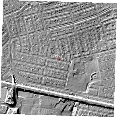 Shaded relief map of the ground around E63HE, computed from Environment Agency LiDAR. The ground here sits at about 5 m above sea level and falls 11 m across the surrounding 800 m. Surface water reaching this point runs off ground lying to the north, 3.2 m higher.