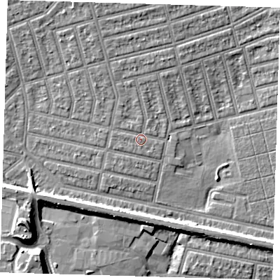 Shaded relief map of the ground around E63HF, computed from Environment Agency LiDAR. The ground here sits at about 5 m above sea level and falls 11 m across the surrounding 800 m. Surface water reaching this point runs off ground lying to the north-north-west, 2.6 m higher.