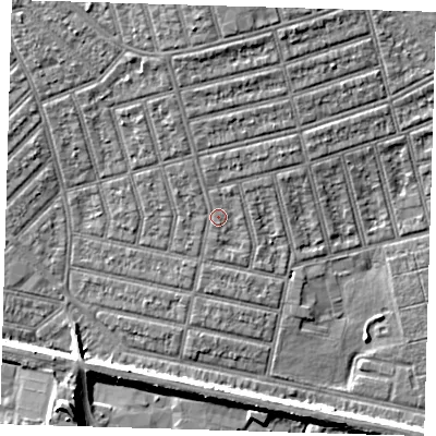 Shaded relief map of the ground around E63HG, computed from Environment Agency LiDAR. The ground here sits at about 5 m above sea level and falls 10 m across the surrounding 800 m. Surface water reaching this point runs off ground lying to the west-north-west, 1.0 m higher.