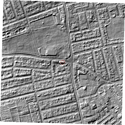 Shaded relief map of the ground around E63HN, computed from Environment Agency LiDAR. The ground here sits at about 5 m above sea level and falls 7 m across the surrounding 800 m. Surface water reaching this point runs off ground lying to the north-north-west, 1.5 m higher.