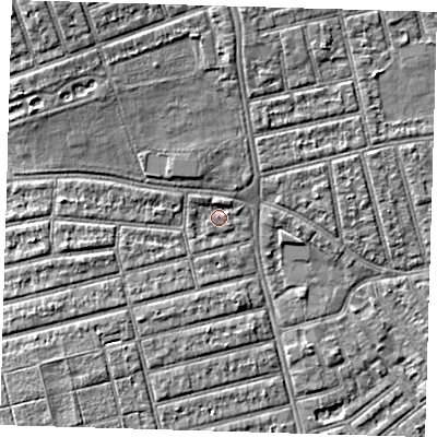 Shaded relief map of the ground around E63HP, computed from Environment Agency LiDAR. The ground here sits at about 4 m above sea level and falls 7 m across the surrounding 800 m. Surface water reaching this point runs off ground lying to the north, 1.5 m higher.