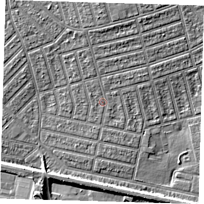 Shaded relief map of the ground around E63HQ, computed from Environment Agency LiDAR. The ground here sits at about 5 m above sea level and falls 10 m across the surrounding 800 m. Surface water reaching this point runs off ground lying to the west-north-west, 1.0 m higher.
