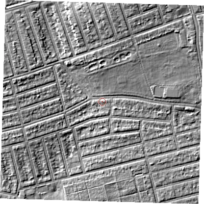 Shaded relief map of the ground around E63HR, computed from Environment Agency LiDAR. The ground here sits at about 5 m above sea level and falls 6 m across the surrounding 800 m. Surface water reaching this point runs off ground lying to the north, 4.8 m higher.