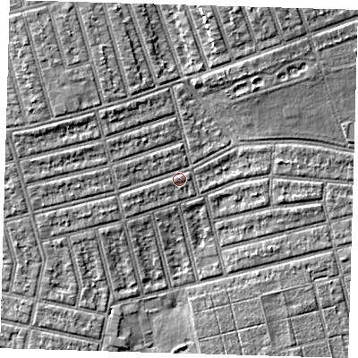 Shaded relief map of the ground around E63HS, computed from Environment Agency LiDAR. The ground here sits at about 5 m above sea level and falls 6 m across the surrounding 800 m. Surface water reaching this point runs off ground lying to the west, 1.6 m higher.
