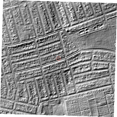 Shaded relief map of the ground around E63HT, computed from Environment Agency LiDAR. The ground here sits at about 5 m above sea level and falls 6 m across the surrounding 800 m. Surface water reaching this point runs off ground lying to the west, 1.5 m higher.