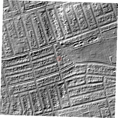 Shaded relief map of the ground around E63HU, computed from Environment Agency LiDAR. The ground here sits at about 5 m above sea level and falls 6 m across the surrounding 800 m. Surface water reaching this point runs off ground lying to the west-north-west, 3.2 m higher.