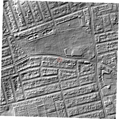 Shaded relief map of the ground around E63HW, computed from Environment Agency LiDAR. The ground here sits at about 4 m above sea level and falls 7 m across the surrounding 800 m. Surface water reaching this point runs off ground lying to the north-north-west, 4.8 m higher.
