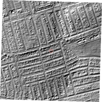 Shaded relief map of the ground around E63HX, computed from Environment Agency LiDAR. The ground here sits at about 6 m above sea level and falls 6 m across the surrounding 800 m. Surface water reaching this point runs off ground lying to the west-north-west, 2.0 m higher.