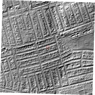 Shaded relief map of the ground around E63HY, computed from Environment Agency LiDAR. The ground here sits at about 6 m above sea level and falls 6 m across the surrounding 800 m. Surface water reaching this point runs off ground lying to the west-north-west, 1.9 m higher.