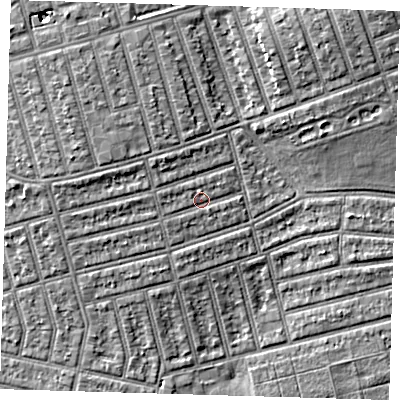 Shaded relief map of the ground around E63JE, computed from Environment Agency LiDAR. The ground here sits at about 6 m above sea level and falls 6 m across the surrounding 800 m. Surface water reaching this point runs off ground lying to the west, 1.4 m higher.