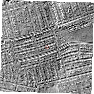 Shaded relief map of the ground around E63JF, computed from Environment Agency LiDAR. The ground here sits at about 6 m above sea level and falls 6 m across the surrounding 800 m. Surface water reaching this point runs off ground lying to the west-north-west, 1.4 m higher.