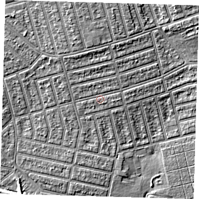 Shaded relief map of the ground around E63JG, computed from Environment Agency LiDAR. The ground here sits at about 6 m above sea level and falls 6 m across the surrounding 800 m. Surface water reaching this point runs off ground lying to the north, 2.0 m higher.