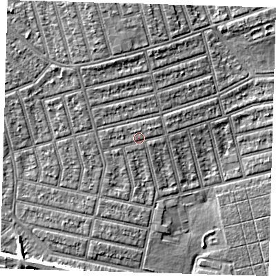Shaded relief map of the ground around E63JH, computed from Environment Agency LiDAR. The ground here sits at about 6 m above sea level and falls 6 m across the surrounding 800 m. Surface water reaching this point runs off ground lying to the north-north-west, 0.8 m higher.