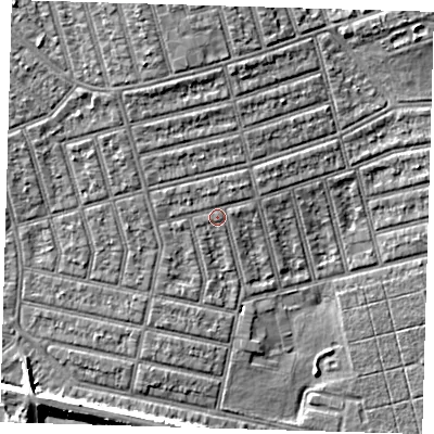 Shaded relief map of the ground around E63JJ, computed from Environment Agency LiDAR. The ground here sits at about 6 m above sea level and falls 7 m across the surrounding 800 m. Surface water reaching this point runs off ground lying to the north-north-east, 1.2 m higher.